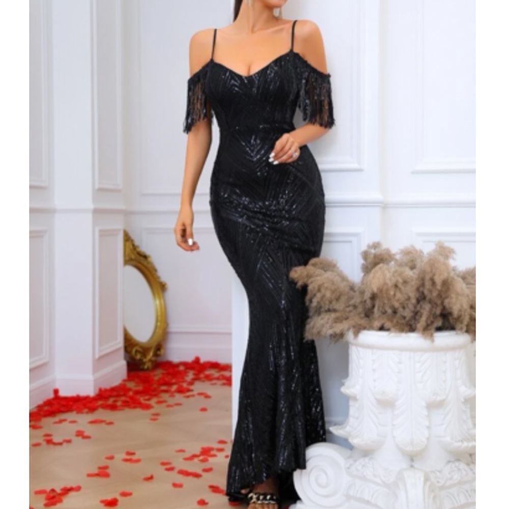 Luxe cold shoulder fringe hem party  wedding bridesmaid wedding mermaid dress - Picture 4 of 7